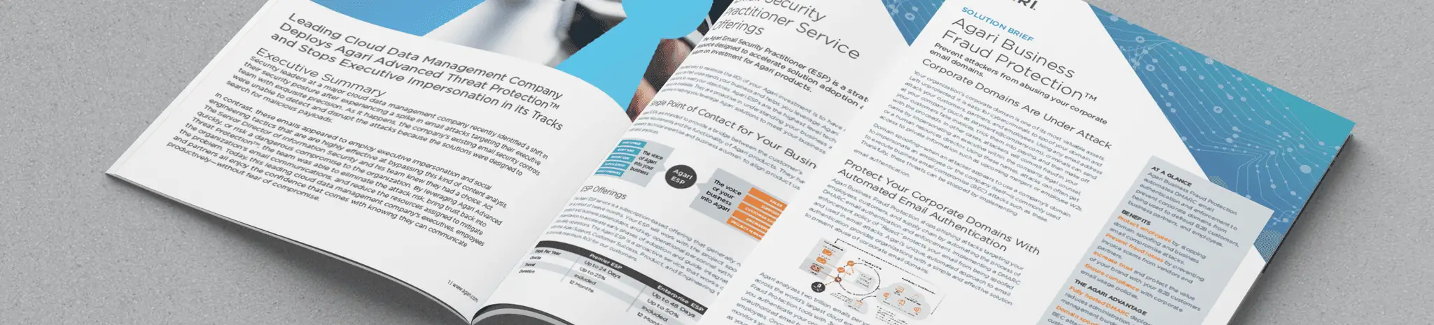 Open Agari cybersecurity solution brief brochure laid flat on a gray surface, showing detailed text, charts, and graphics about email security services.