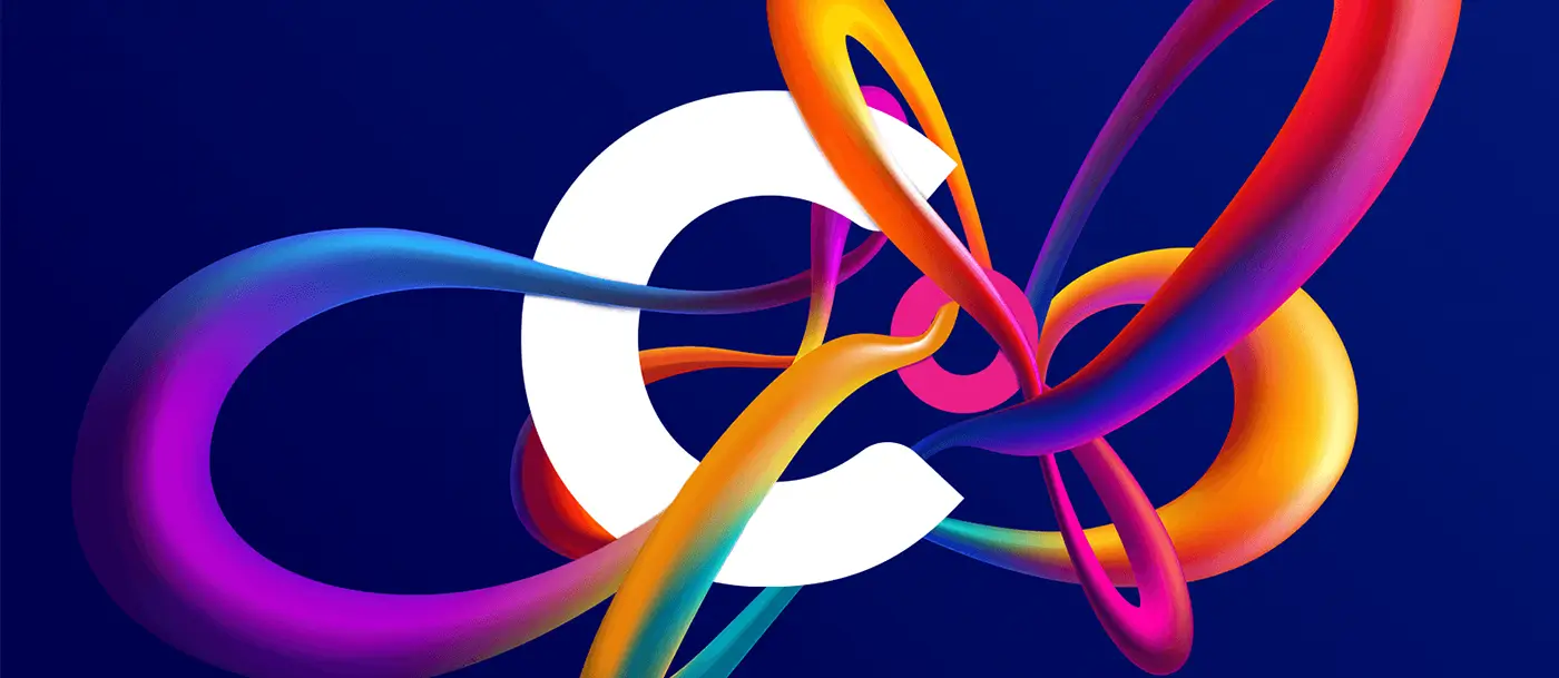 White Clear Digital “C” logo on an abstract background representing the podcast Rebranding to Clear Digital