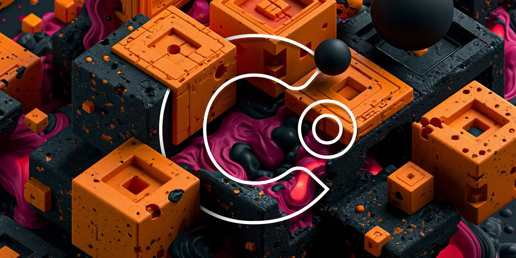 Abstract 3D illustration of modular orange and black geometric blocks with flowing magenta liquid — Clear Digital brand visual