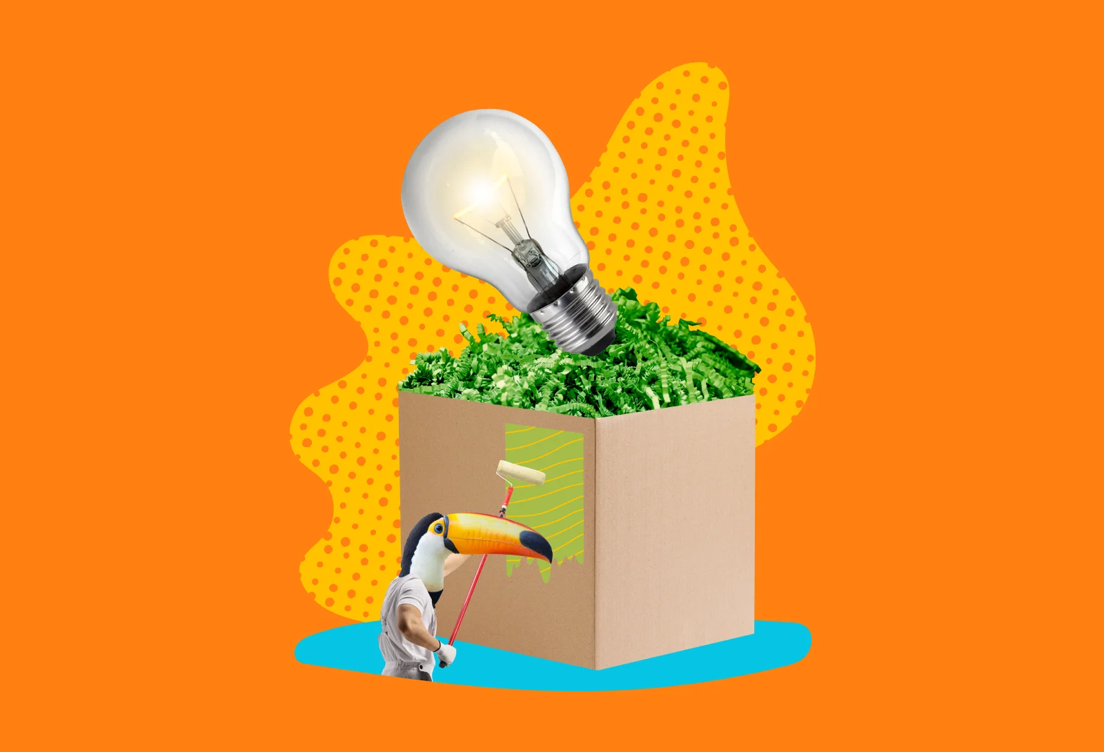 Toucan painting a cardboard box with a light bulb on top filled with green shredded paper