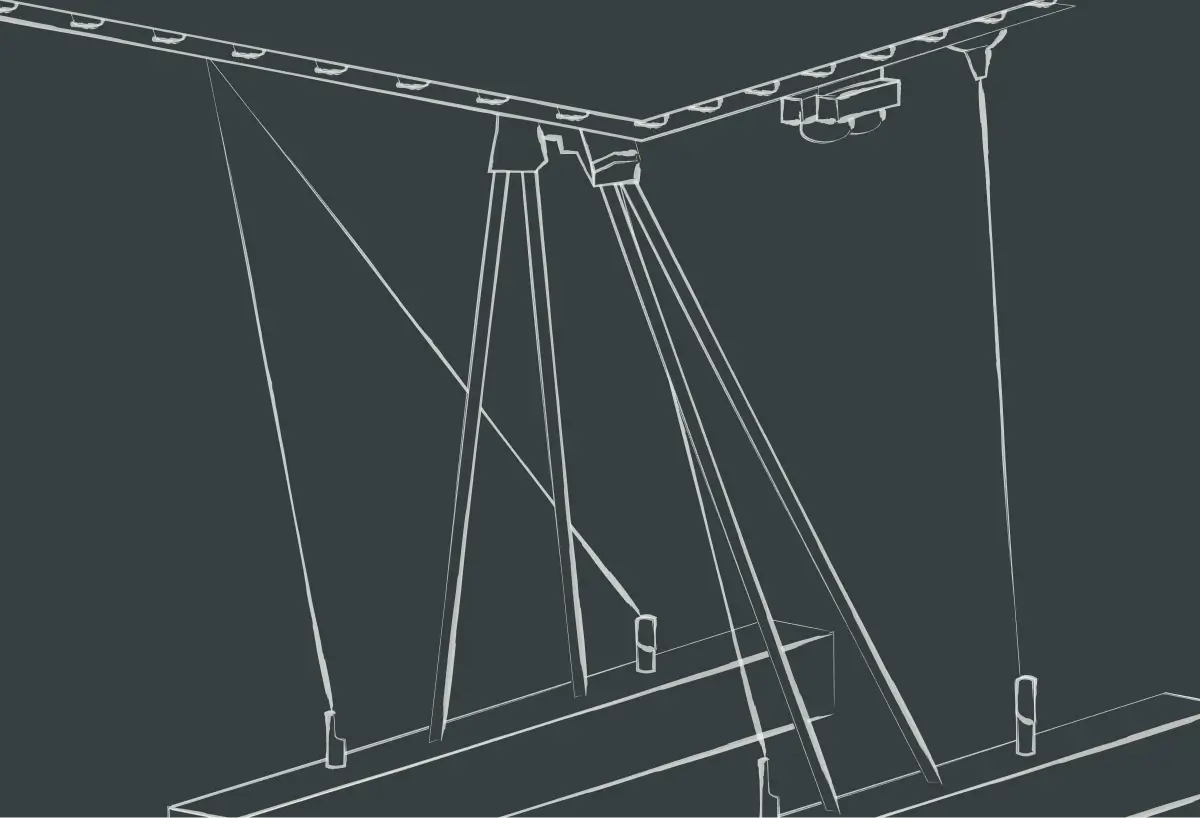 Line-art illustration of a solar tracker support structure with cables and beams on a dark background.