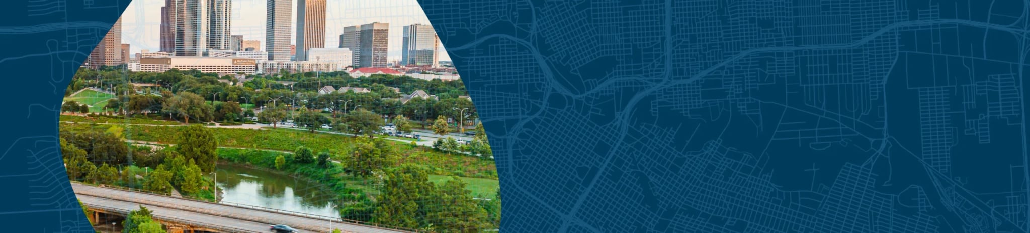 Houston city skyline with urban greenery and map overlay representing location-based case study