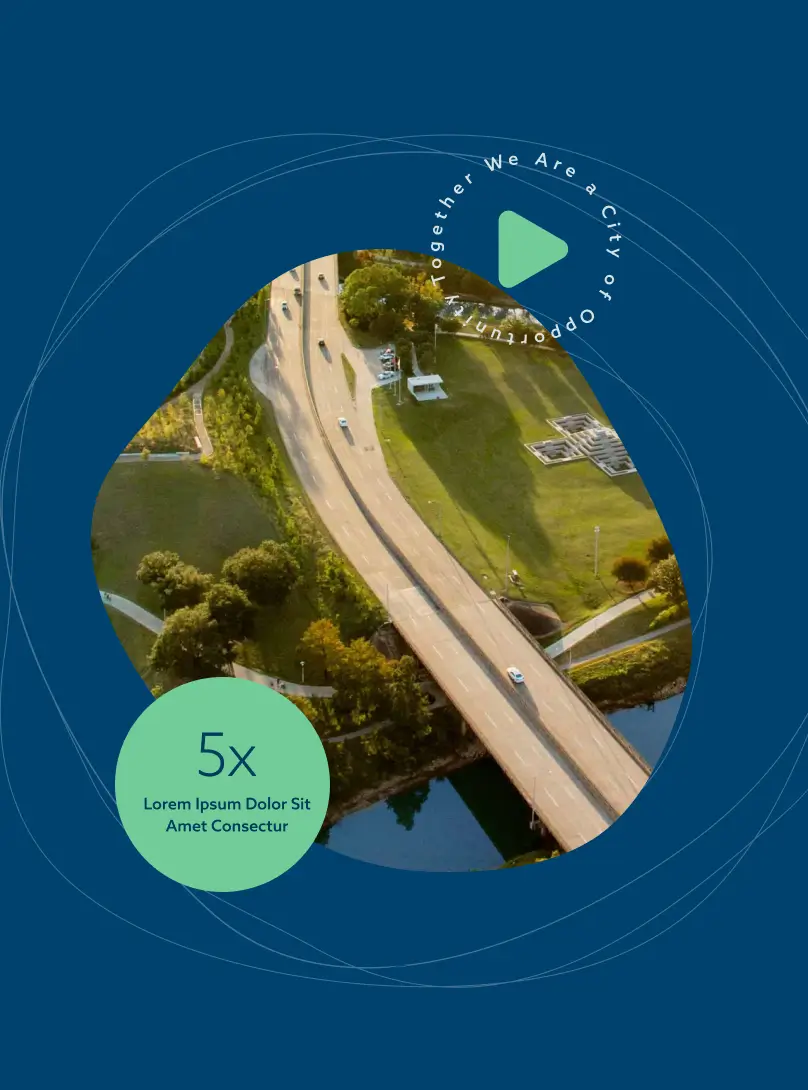 Aerial view of a highway and park with graphic text and circular design elements.