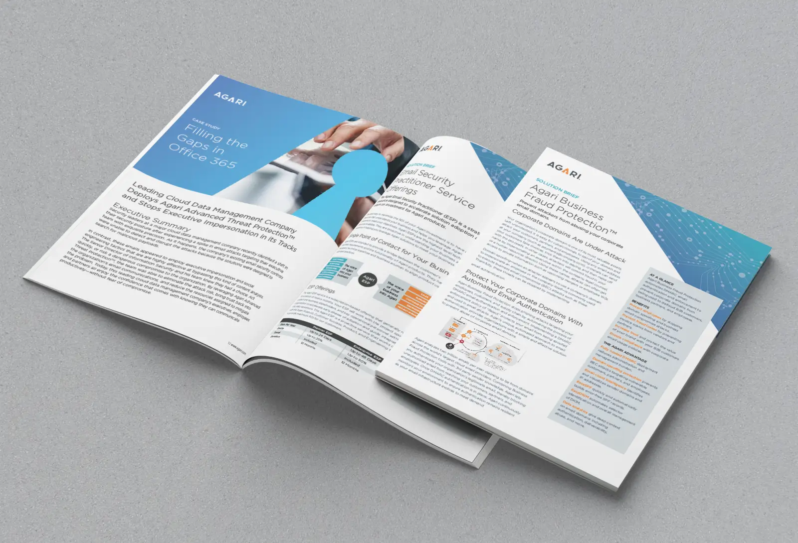 Open Agari brochure on gray surface showing Office 365 case study and business fraud protection solutions.