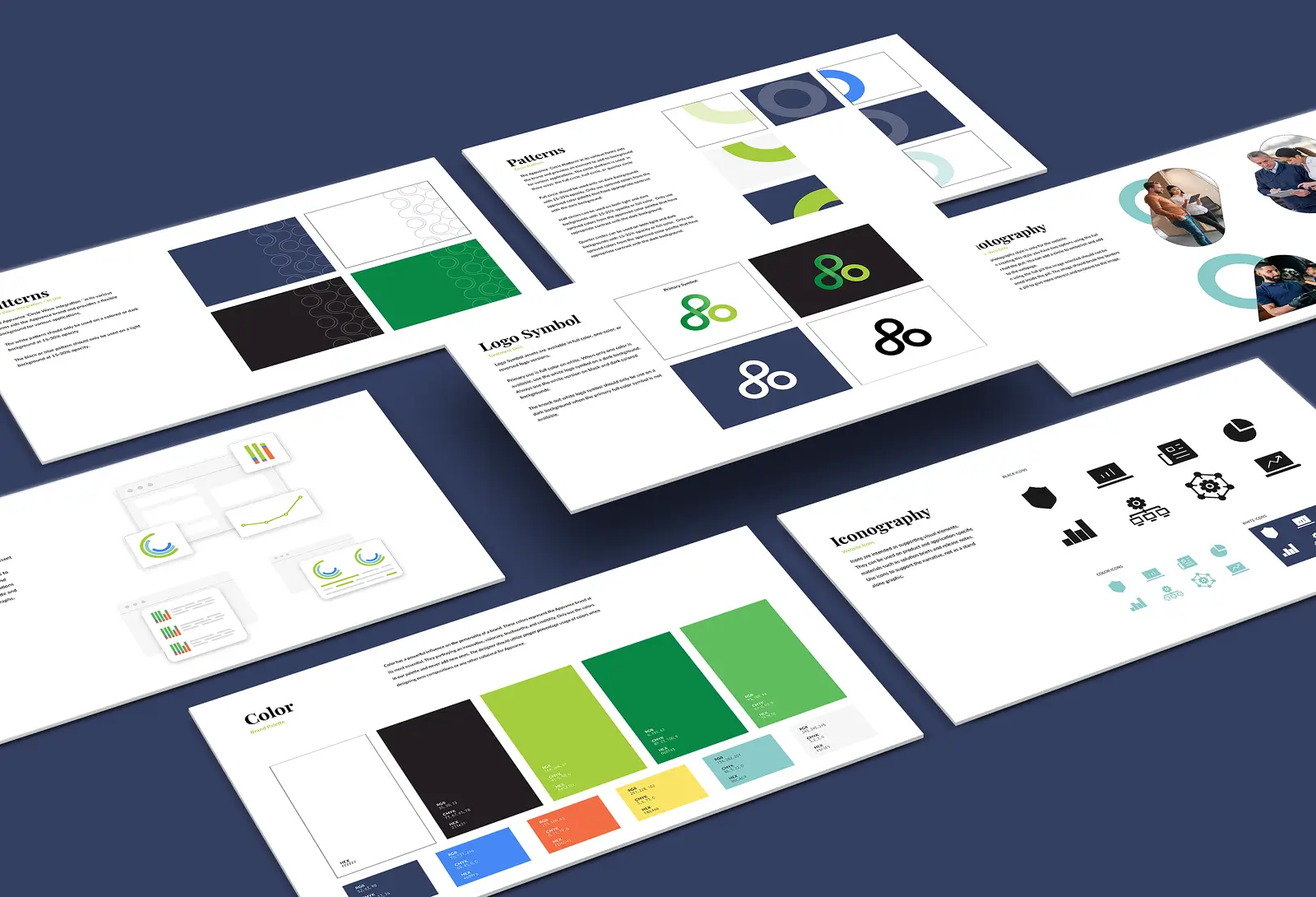 Appvance brand guidelines slides featuring color palette, logo, iconography, and design patterns on navy background