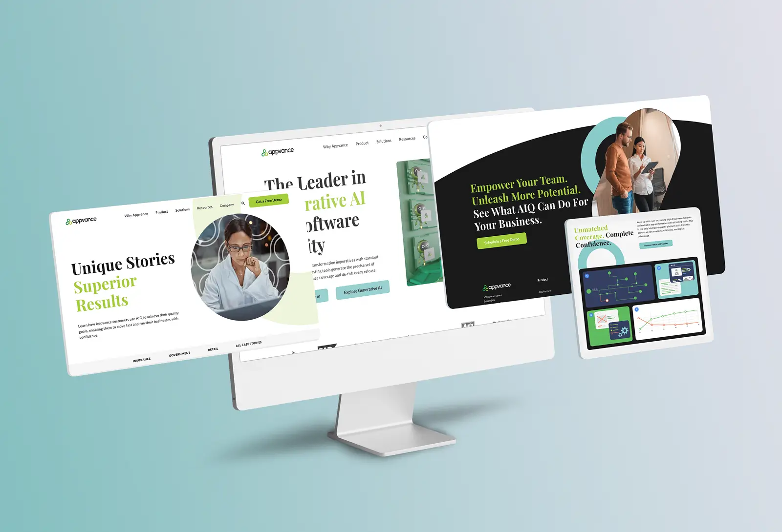 Appvance website and product screens on desktop display, highlighting customer stories, software platform, and business empowerment features