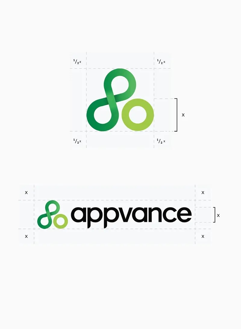 Appvance logo and wordmark on white background, showing construction grid and spacing guidelines