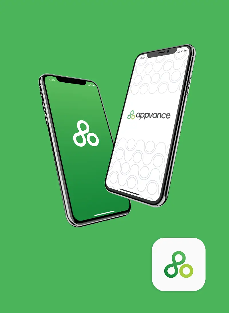 Appvance mobile app design mockup featuring two smartphones with company logo on green and white backgrounds