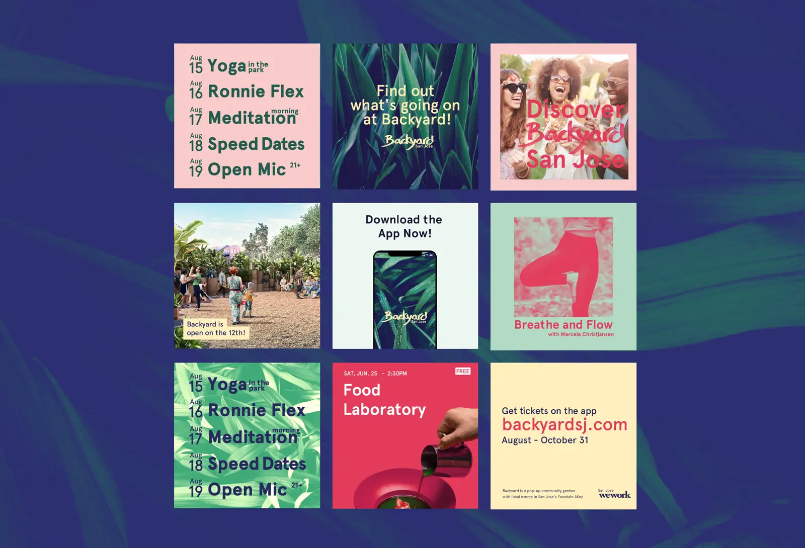 Grid of Backyard San Jose event promotions showing activities like yoga, meditation, speed dating, open mic, food events, and app downloads.