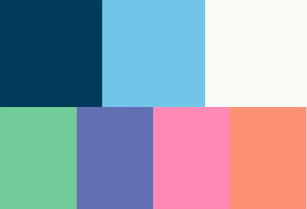 Rectangular swatches showing a pastel color palette of blue, green, purple, pink, orange, and off-white