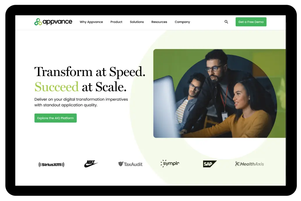 Appvance homepage showing team collaborating in front of computer with digital transformation tagline