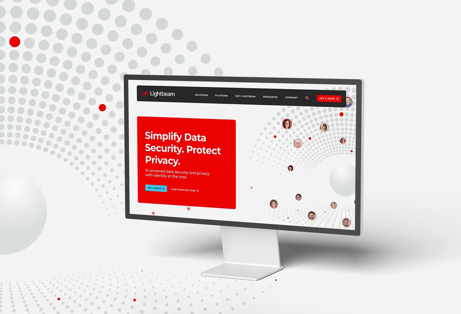 Mockup of a desktop monitor displaying the Lightbeam website homepage with a red hero section about data security and privacy.
