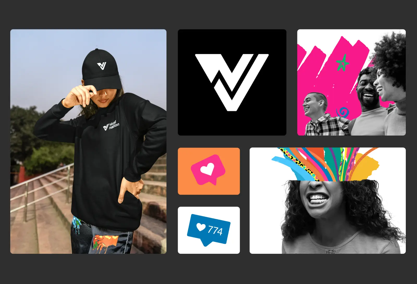 Collage of Viral Nation brand elements including apparel, logo icons, social media graphics, and expressive portraits on a dark background.