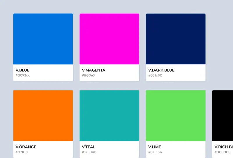 Virtana branded color palette showing six color blocks including V.Blue, V.Magenta, V.Dark Blue, V.Orange, V.Teal, and V.Lime, each with its hex code