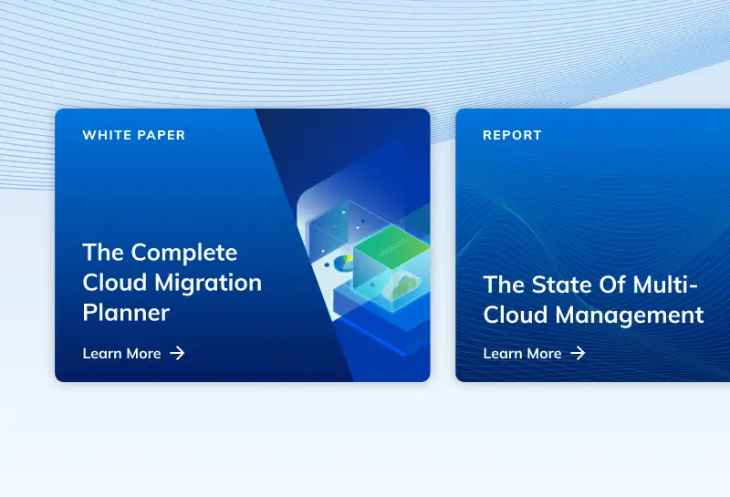 Virtana promotional cards for "The Complete Cloud Migration Planner" white paper and "The State Of Multi-Cloud Management" report, featuring modern blue backgrounds with illustrative graphics
