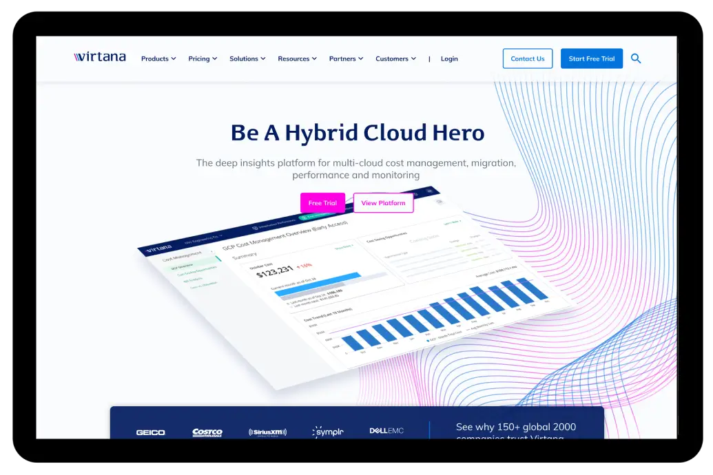 Virtana web page showing hybrid cloud insights platform, featuring cost management dashboard, "Be A Hybrid Cloud Hero" headline, and data analysis graphics on a modern interface