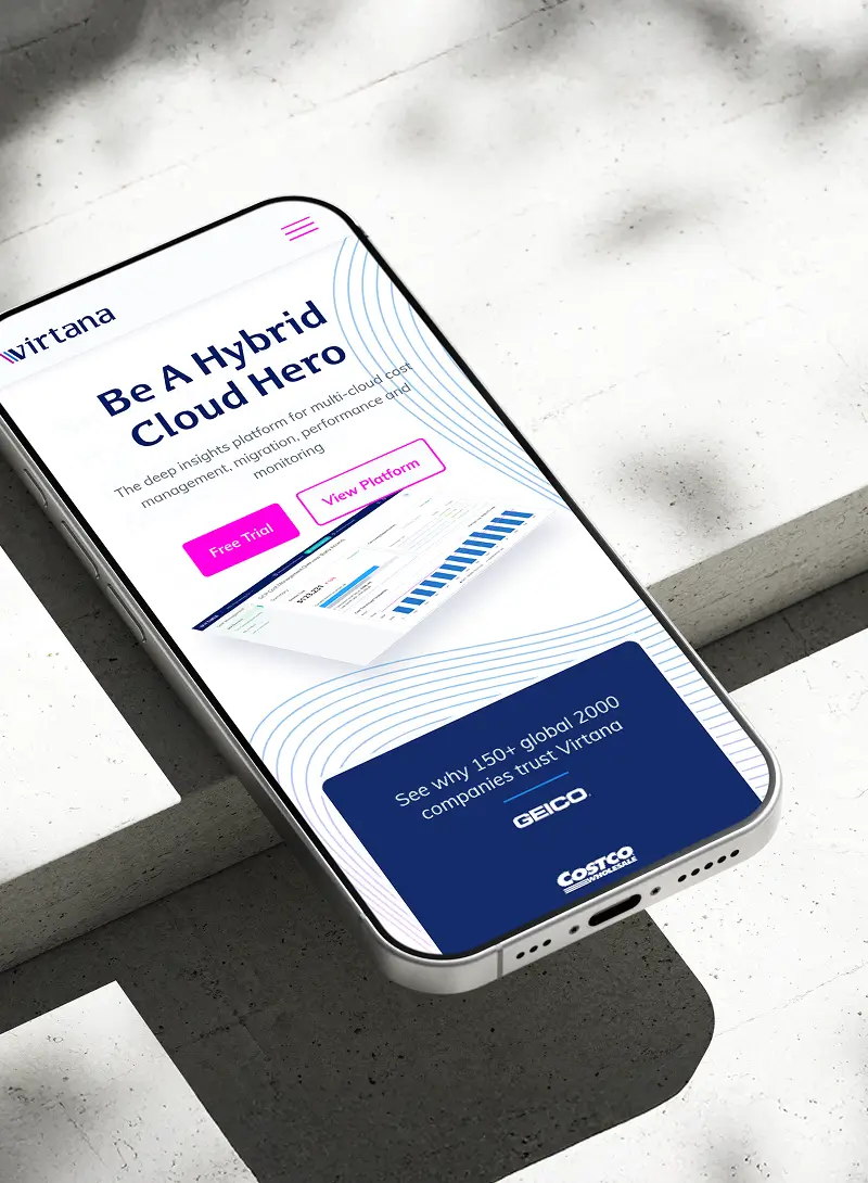 Smartphone displaying Virtana’s "Be A Hybrid Cloud Hero" platform web page with dashboard analytics and client logos in a modern mobile interface