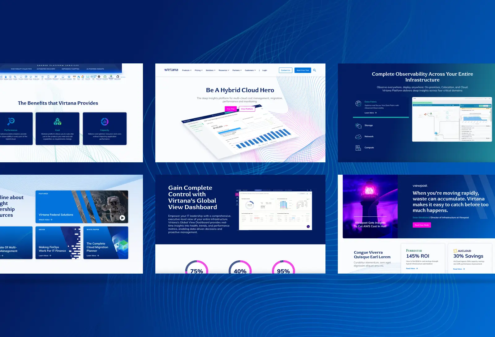 Virtana promotional cards for "The Complete Cloud Migration Planner" white paper and "The State Of Multi-Cloud Management" report, featuring modern blue backgrounds with illustrative graphics