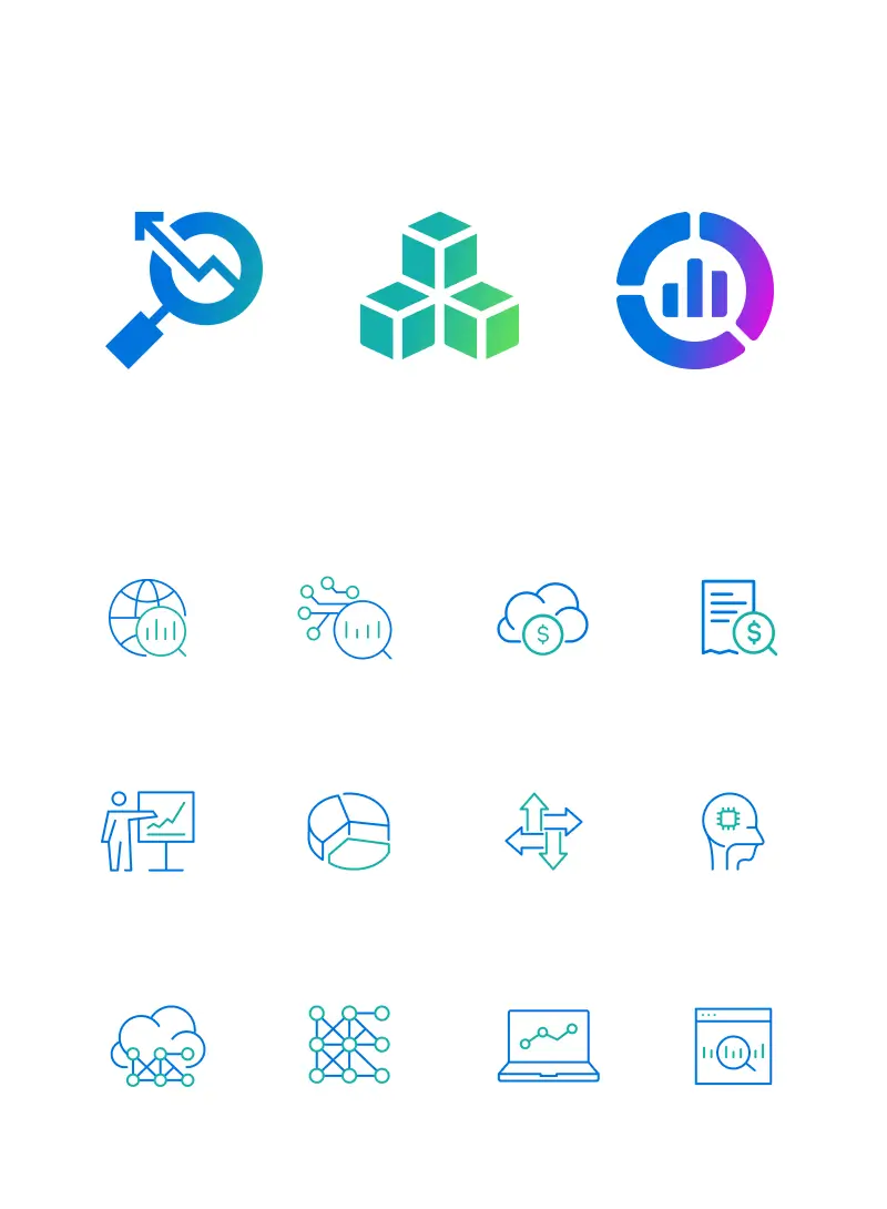 Virtana icon set displaying technology, analytics, cloud management, and AI symbols in blue and green gradients on white background
