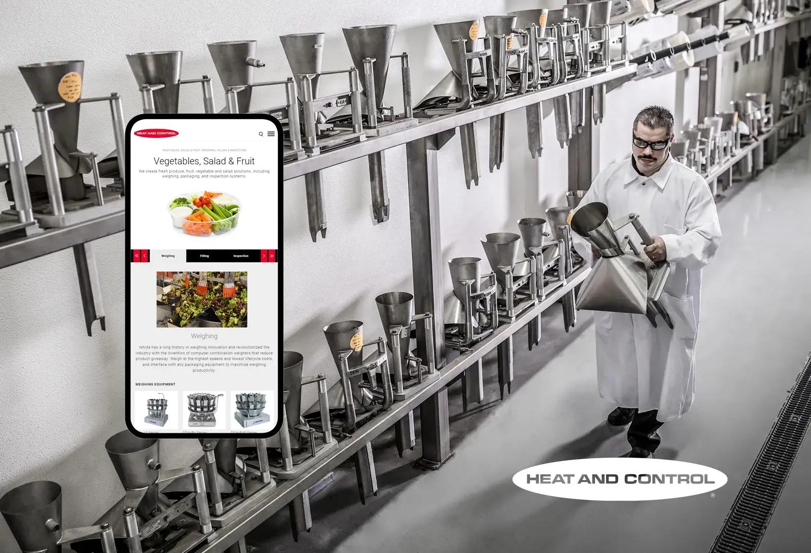 Technician examining industrial weighing equipment