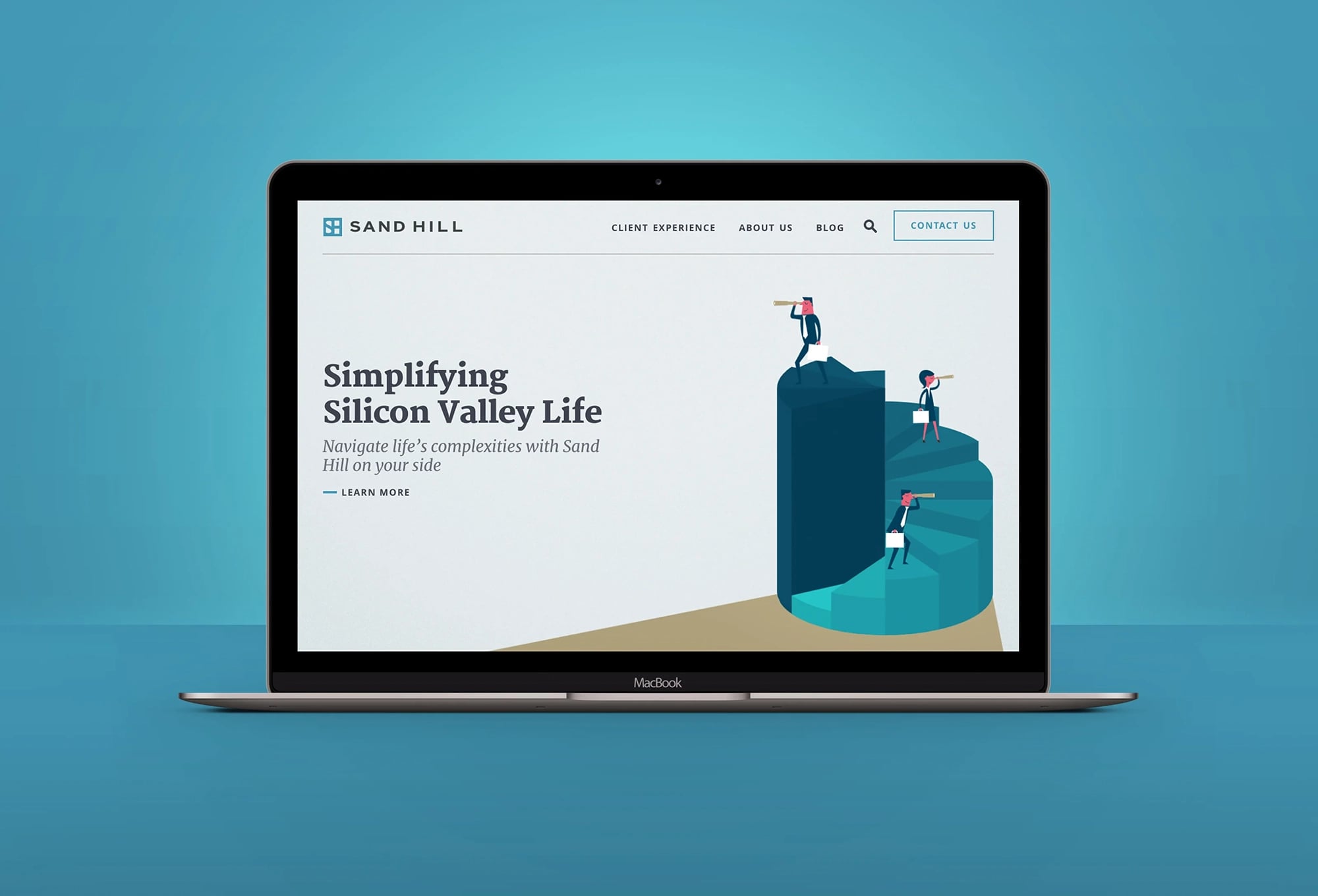 Sand Hill homepage shown on a MacBook screen.