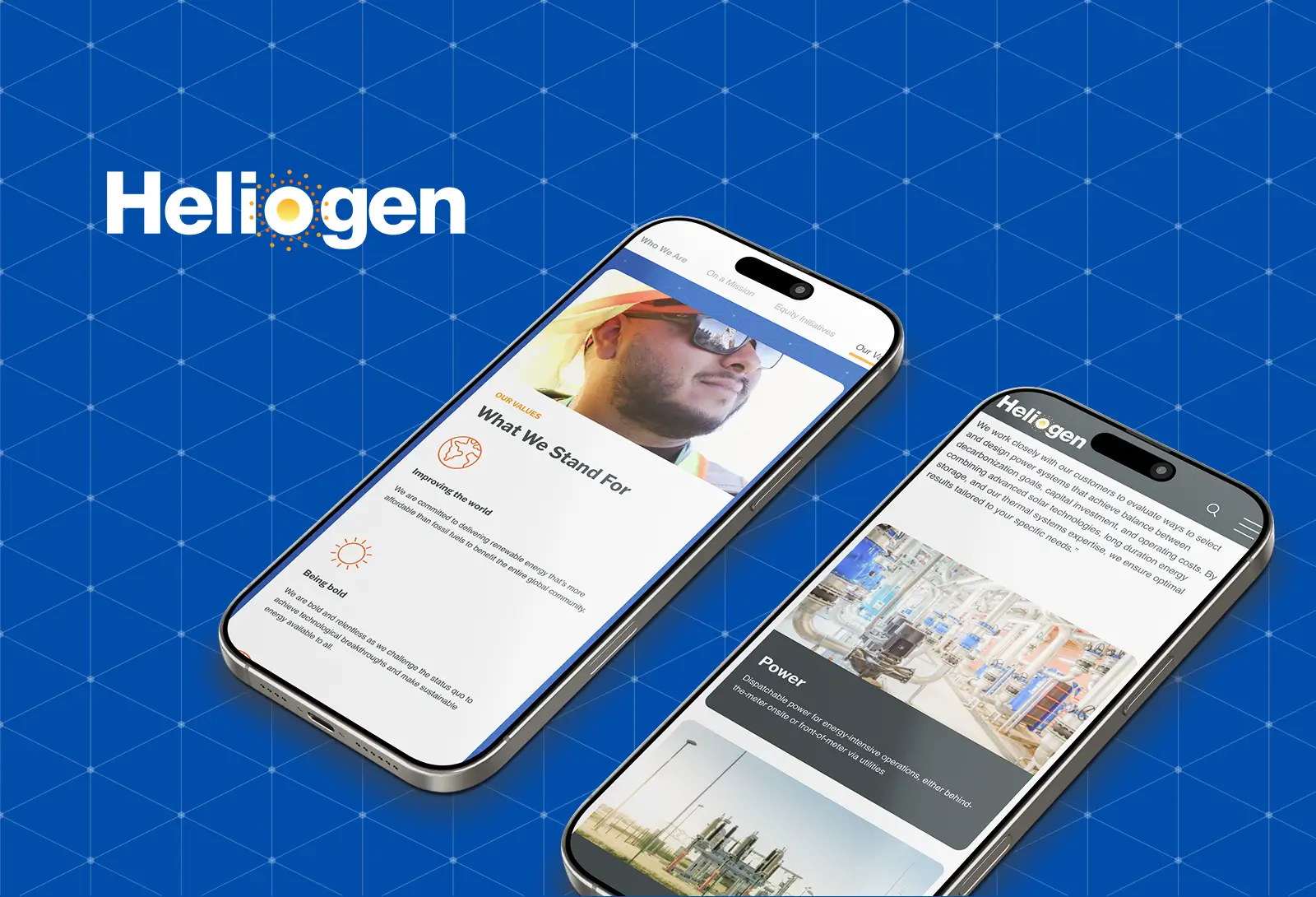 Heliogen mobile website shown on two smartphones over a blue geometric background.