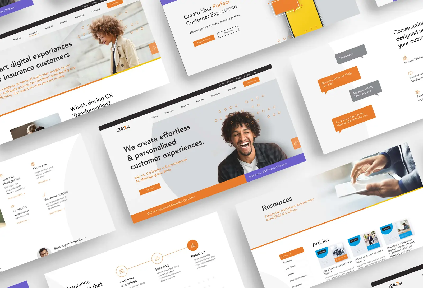 Angled collage of multiple 24.ai website screens showcasing customer experience and resources pages.