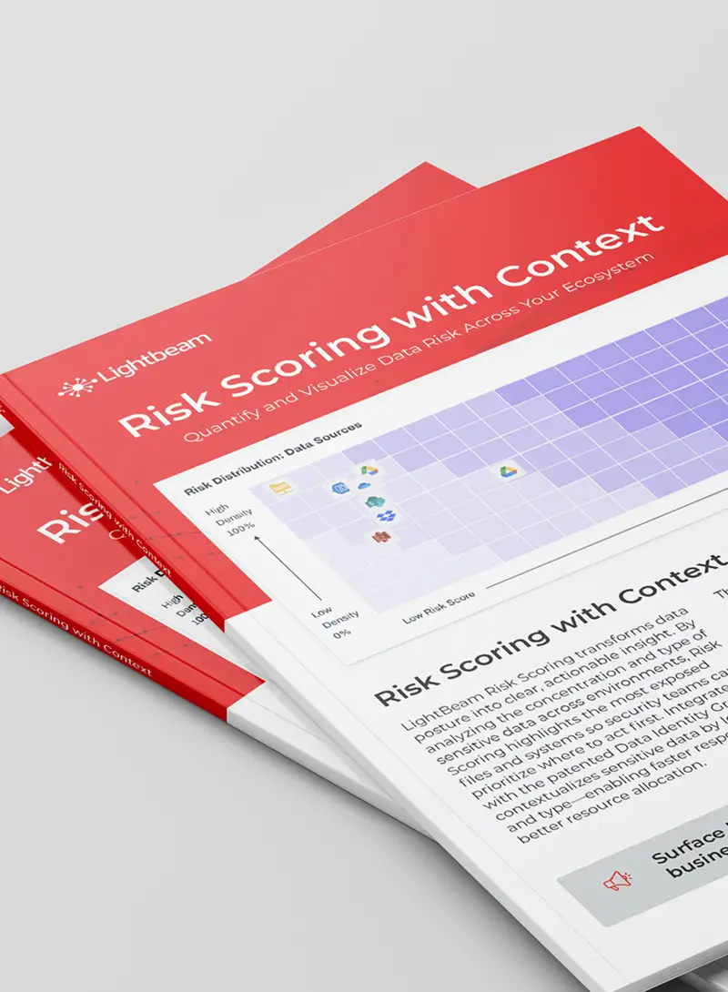 Stacked Lightbeam brochures featuring the ‘Risk Scoring with Context’ report cover and data visualization chart.