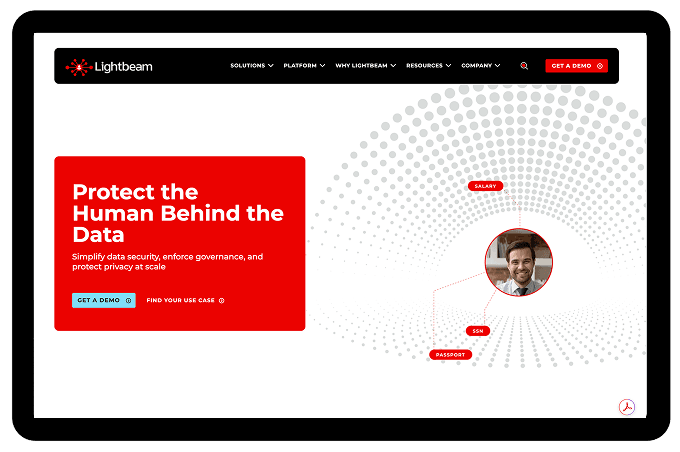 Lightbeam homepage hero mockup emphasizing human-centric data protection with a dotted identity graph visualization and user data categories.