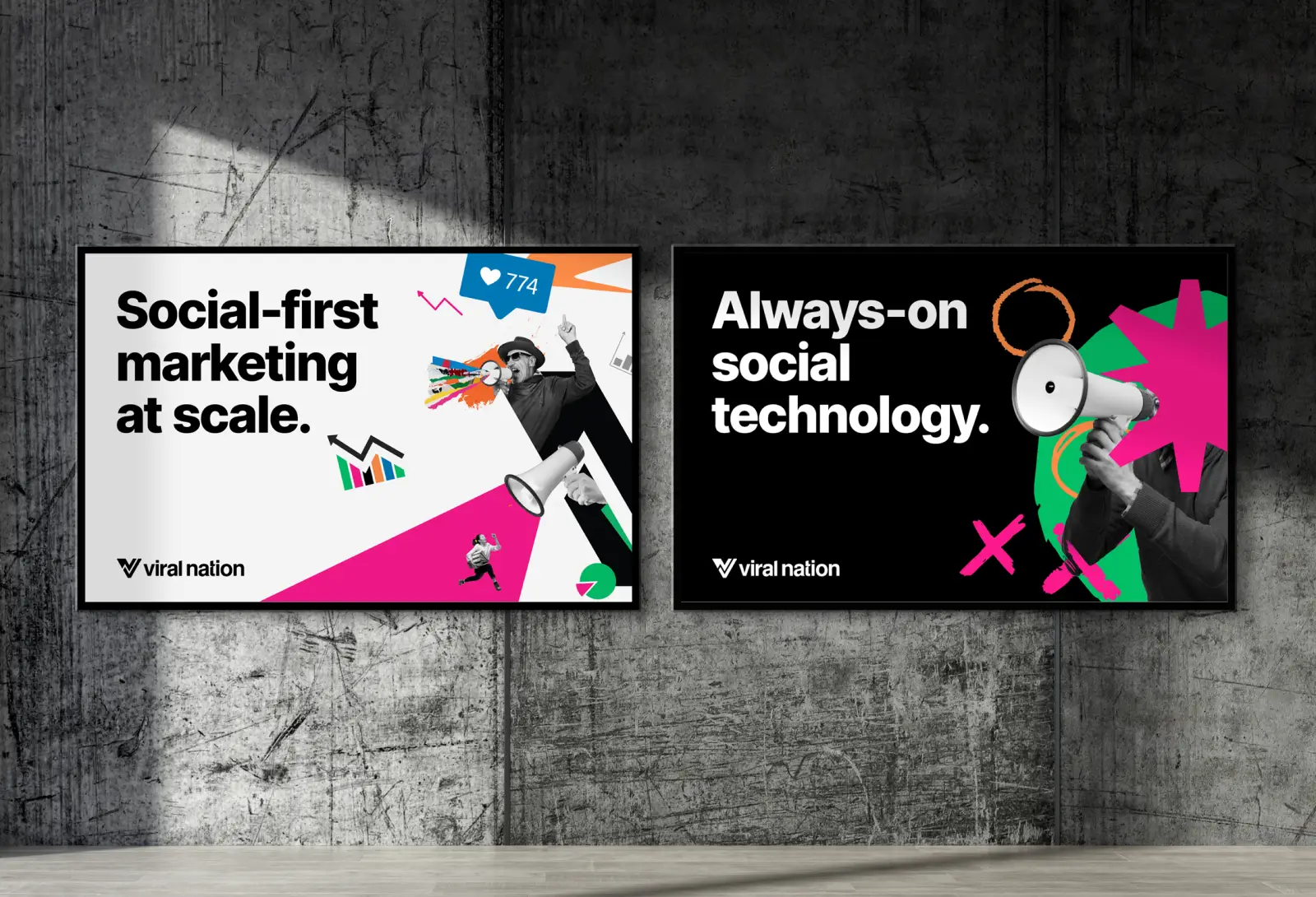 Two Viral Nation outdoor posters on a concrete wall, one promoting social-first marketing at scale and the other highlighting always-on social technology.
