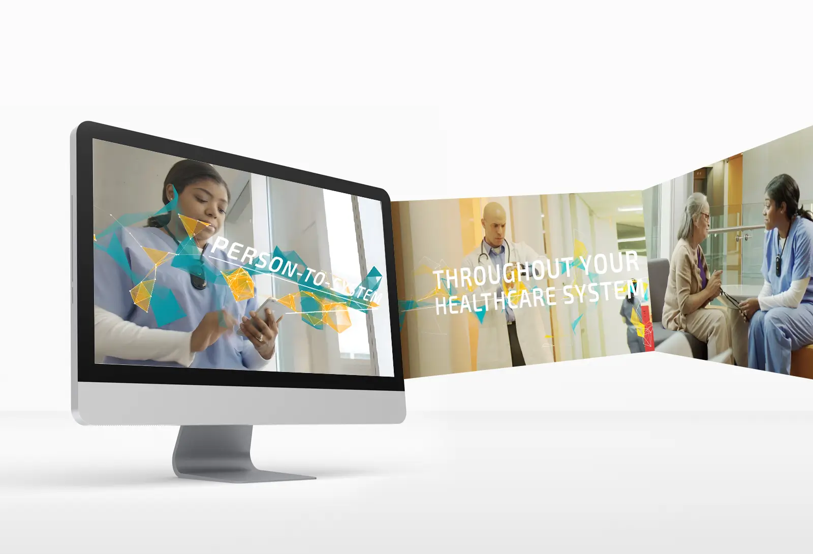 iMac screen displaying Vocera healthcare communication visuals with nurses and doctors using connected devices across the healthcare system.