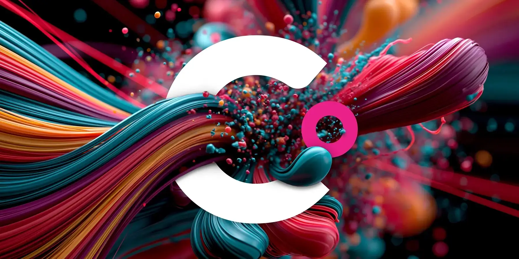 Abstract 3D illustration of vibrant flowing ribbons and particle burst in teal, pink, red, and orange — Clear Digital brand visual