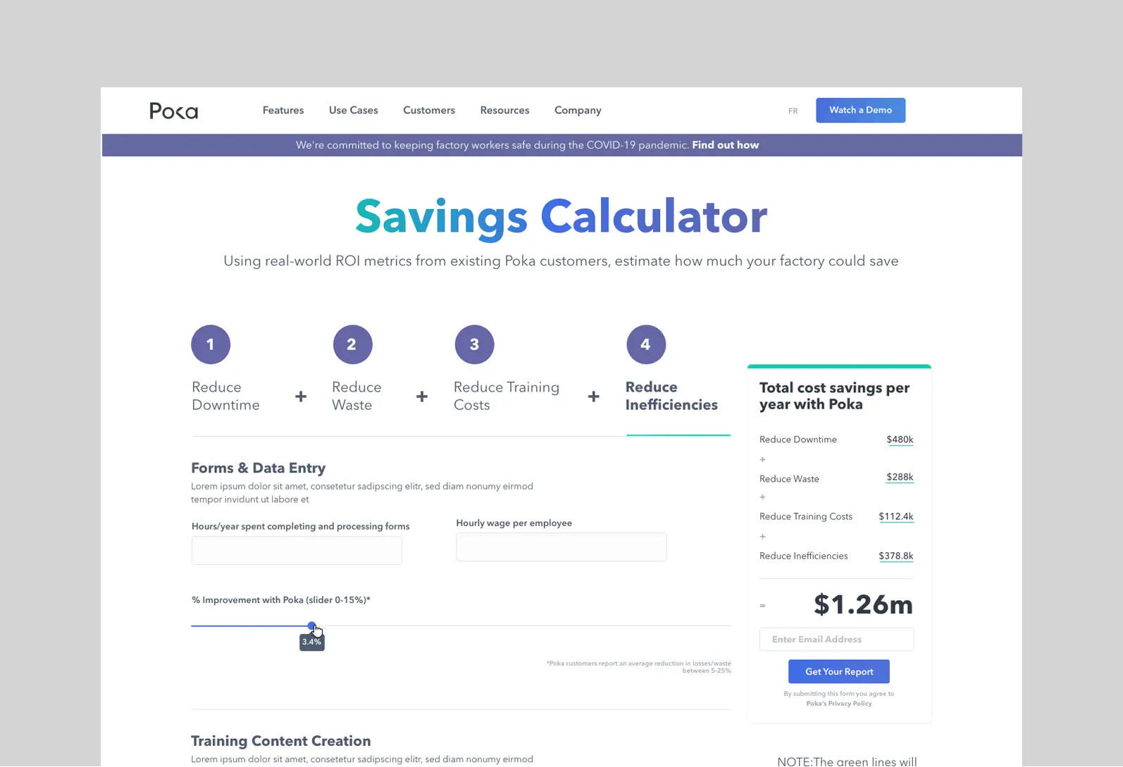 Poka savings calculator dashboard displaying estimated cost reductions for downtime, waste, training, and operational inefficiencies.