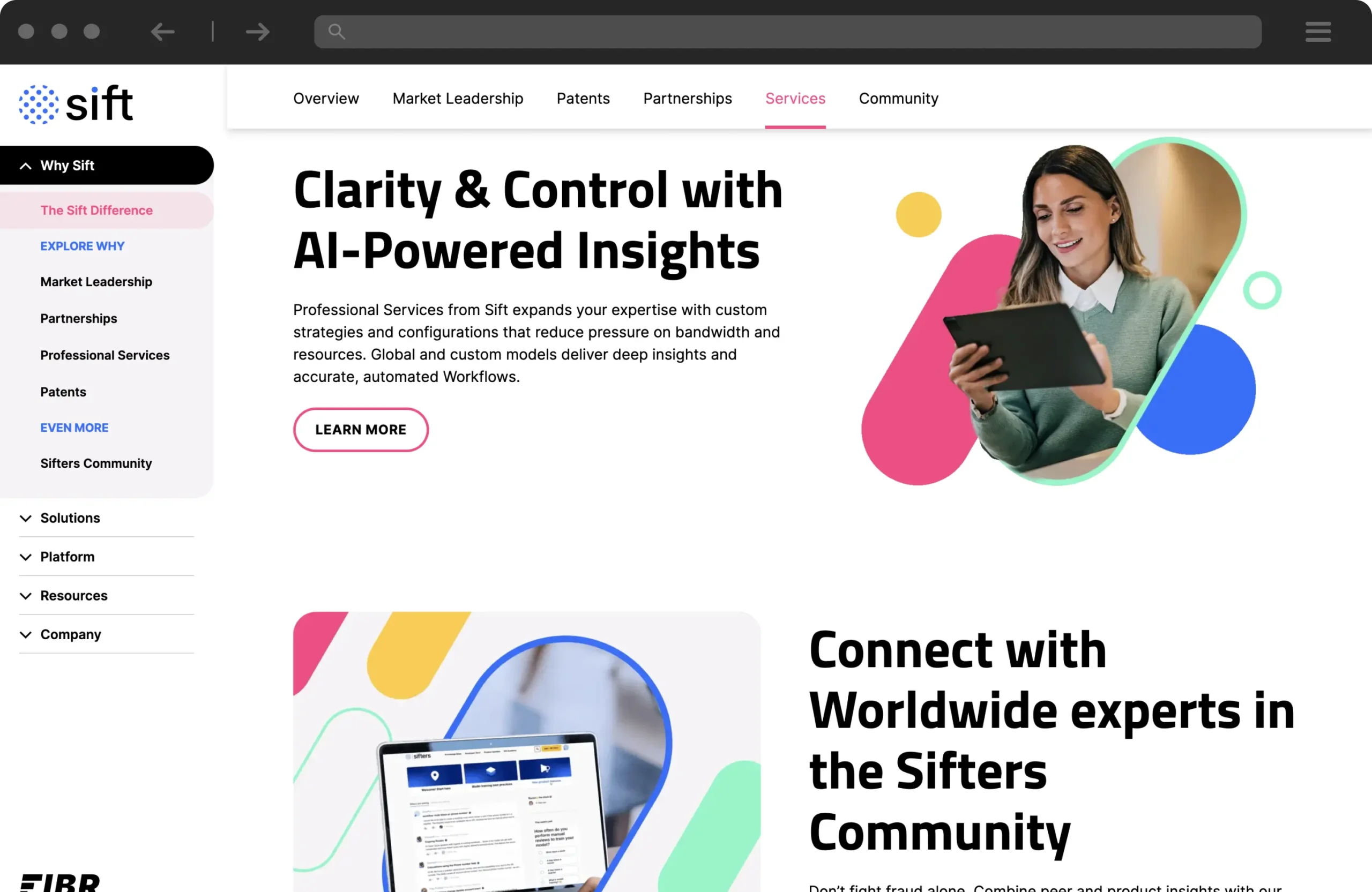 Sift services page highlighting AI-powered insights and clarity, with a woman on a tablet and a Sifters Community section below.