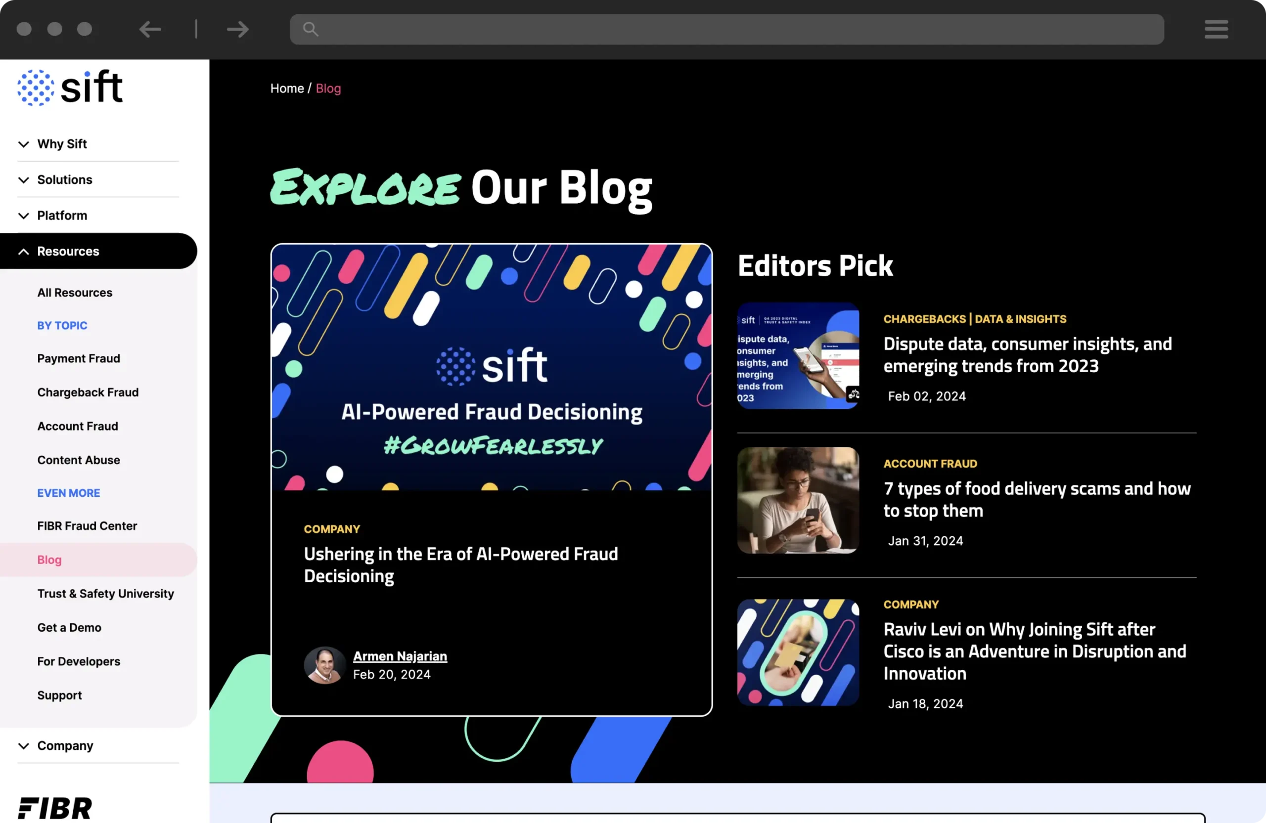 Sift blog page displaying AI-powered fraud decisioning featured post and editor's pick articles on a dark themed layout.