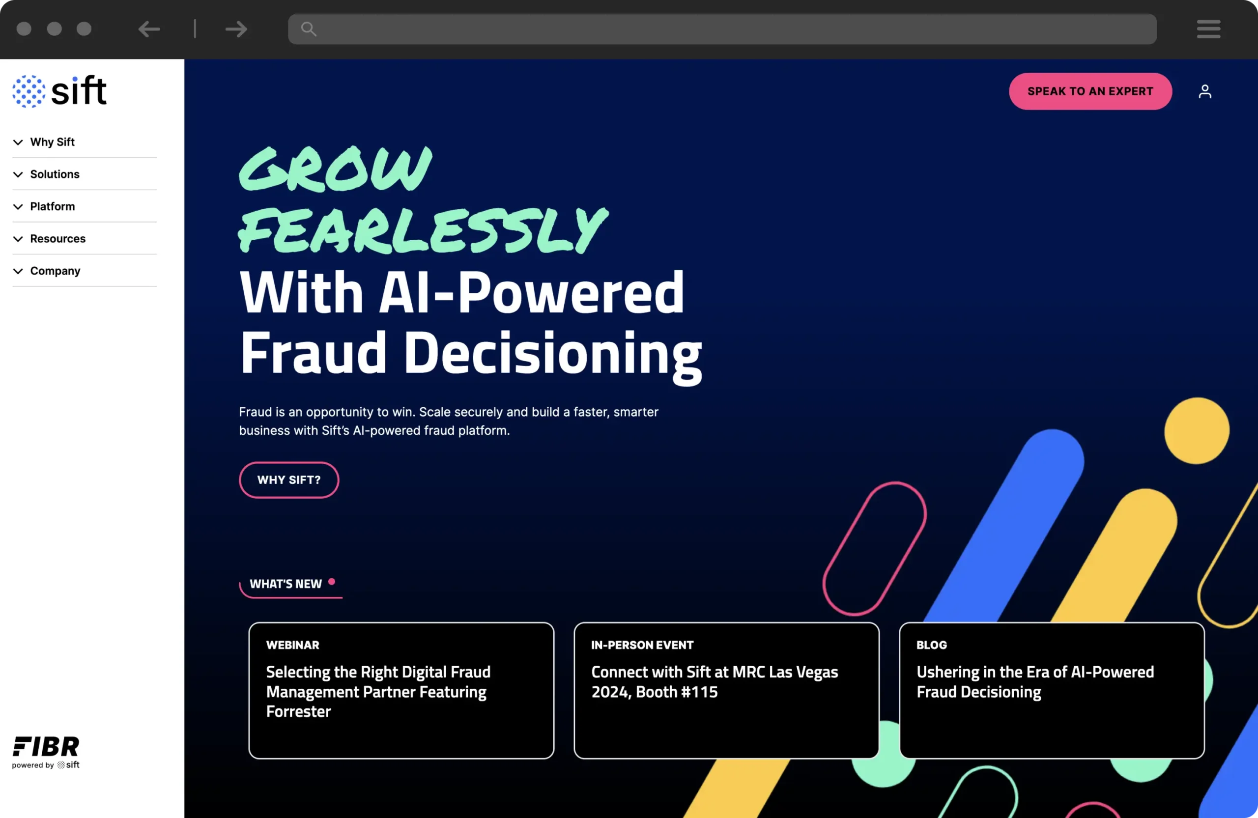 Sift website hero section with "Grow Fearlessly With AI-Powered Fraud Decisioning" headline and latest webinar and event cards.