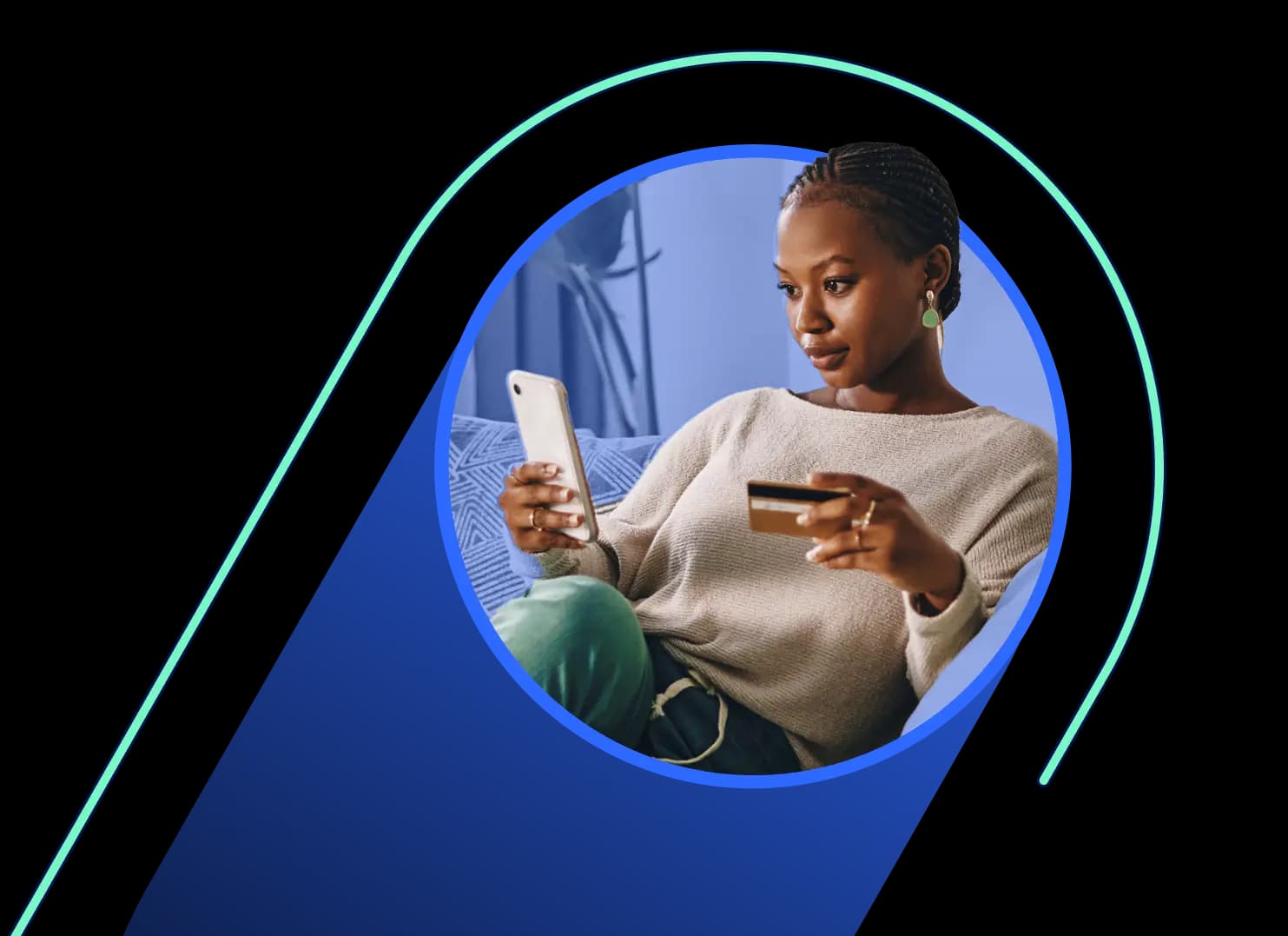 Woman holding a phone and credit card while shopping online, framed in a circular Sift branded graphic.