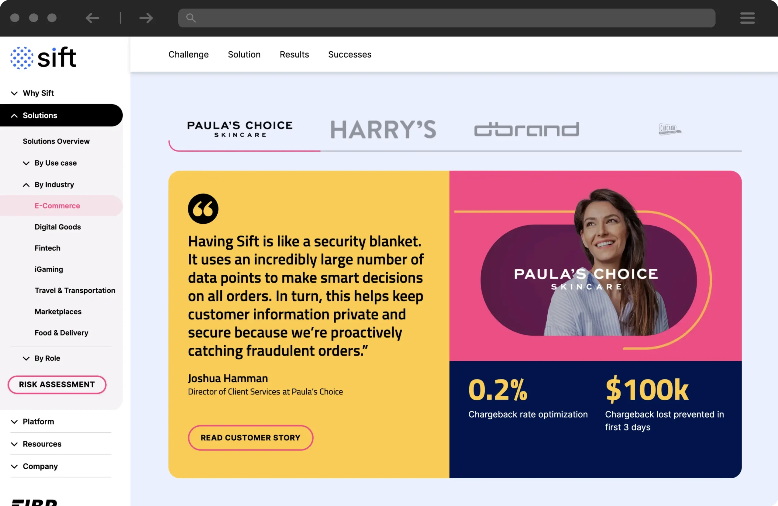 Sift website showing a Paula's Choice Skincare customer success story with fraud prevention stats and a client testimonial.