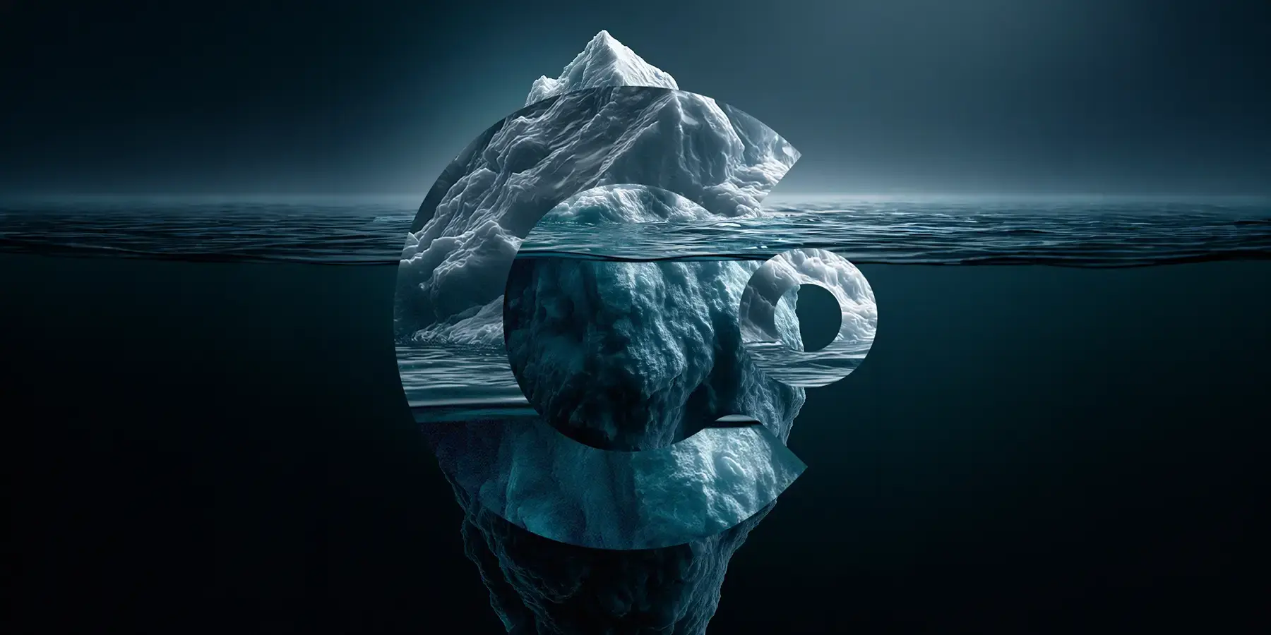 Iceberg partially submerged in dark ocean water, shaped to form the letter "C," representing hidden B2B website metrics