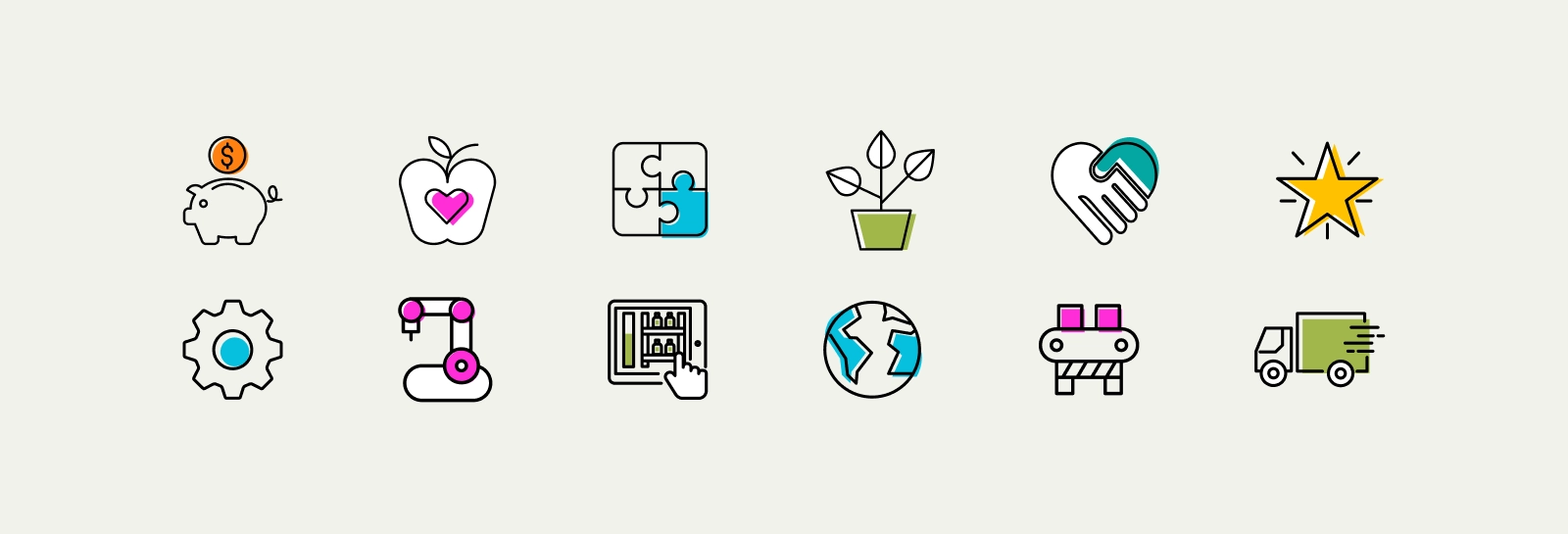 Row of colourful business icons including piggy bank, gear, globe, and handshake.