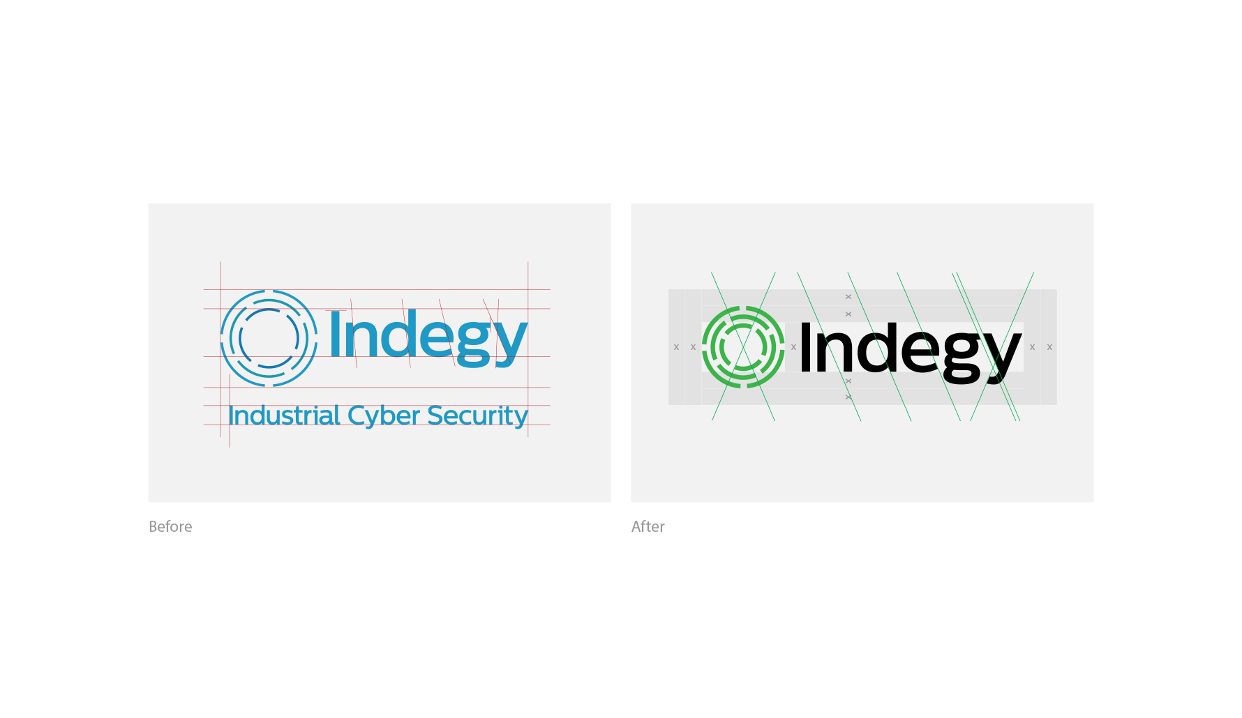 Indegy Brand Update & Guidelines side-by-side comparison of before and after old logo vs new logo