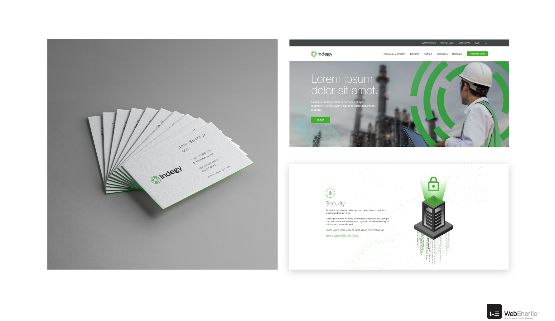 Indegy Brand Update & Guidelines business cards and website mockup